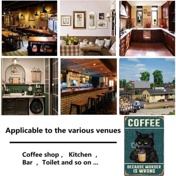 Retro Cat Coffee Metal Sign Vintage Kitchen Signs Wall Decor Because Murder - Picture 2 of 7